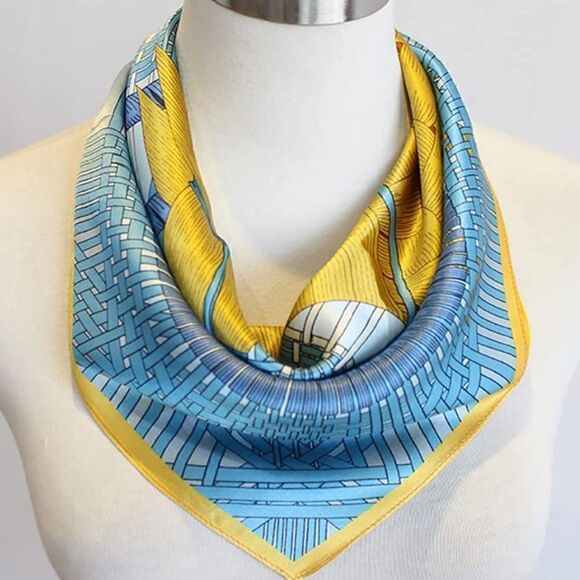 Yellow and Blue Pattern Mulberry Silk Neck Scarf main image 4